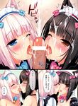  2girls animal_ears bar_censor bisexual_(female) black_hair blue_eyes blush breasts brown_eyes cat_ears censored chocola_(sayori) comic cum ejaculation eyebrows_visible_through_hair highres jpeg_artifacts licking long_hair maid_headdress multiple_girls nekopara nipples non-web_source one_eye_closed open_mouth penis pink_hair sayori scan slit_pupils small_breasts translation_request twintails vanilla_(sayori) 