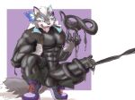 abs anthro balls black_balls black_body black_cum black_latex black_penis black_skin blue_body blue_fur blush bodily_fluids bottomwear canid canine canis clothing colored_cum cum footwear fur genital_fluids genitals grey_body grey_fur hi_res kneeling latex latex_clothing latex_cum latex_skinsuit liquid_latex living_latex male mammal muscular muscular_male navel pecs penis purple_body purple_fur shoes shorts skinsuit solo tight_clothing tongue tongue_out topwear torn_clothing unusual_bodily_fluids unusual_cum unusual_genital_fluids vest vtuber white_body white_fur wolf yunu38