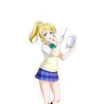  1girl :o anime_coloring ayase_eli black_socks blonde_hair blue_eyes blue_skirt blush book bow bowtie breasts brown_sweater_vest diagonal-striped_bow diagonal-striped_bowtie diagonal-striped_clothes dress_shirt feet_out_of_frame green_bow green_bowtie hair_ornament hair_scrunchie hands_up holding holding_book holding_pointer looking_at_viewer love_live! love_live!_school_idol_festival love_live!_school_idol_project miniskirt official_art open_book open_mouth otonokizaka_school_uniform plaid_clothes plaid_skirt pleated_skirt pointer ponytail school_uniform scrunchie shirt short_sleeves skirt socks solo standing striped_clothes summer_uniform sweater_vest teeth textbook transparent_background upper_teeth_only white_scrunchie white_shirt 