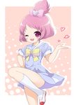  ;3 ;d bow dokidoki!_precure hair_bow half_updo heart kneehighs one_eye_closed oogai_daiichi_middle_school_uniform open_mouth peacemaker777 personification pink_bow pink_eyes pink_hair precure sailor_collar school_uniform sepia_background serafuku sharuru_(dokidoki!_precure) sharuru_(dokidoki!_precure)_(human) shoes short_hair smile solo standing standing_on_one_leg uwabaki white_legwear white_sailor_collar 
