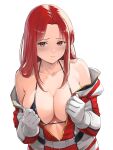  1girl bikini black_bikini blush breasts christina_mackenzie cleavage closed_mouth commentary_request earth_federation_space_forces gloves gundam gundam_0080 highres jchoy jumpsuit large_breasts long_hair looking_at_viewer mecha_pilot_suit parted_bangs red_hair red_jumpsuit solo swimsuit two-tone_jumpsuit undressing upper_body white_background white_gloves white_jumpsuit 