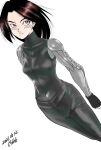  1girl alita alita:_battle_angel battle_angel_alita black_hair bodysuit breasts brown_eyes cyberpunk cyborg dated facial_mark fingerless_gloves gloves highres jirohhb lips looking_at_viewer mechanical_arms medium_breasts short_hair solo white_background 
