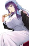  1girl black_coat black_robe blunt_bangs breasts coat commentary_request covered_nipples dress eating fern_(sousou_no_frieren) food from_below highres holding holding_food holding_pizza huge_breasts jchoy light_blush long_hair looking_at_viewer pizza pizza_slice purple_eyes purple_hair purple_pupils robe sidelocks sitting solo sousou_no_frieren straight_hair white_background white_dress 