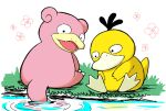  animal_focus black_eyes commentary_request fangs fishing from_behind full_body grass highres looking_back looking_down monya no_humans on_ground open_mouth outdoors partial_commentary pokemon pokemon_(creature) psyduck ripples sitting slowpoke water 