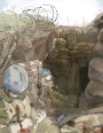  1boy 1girl backpack bad_id bad_twitter_id bag bandage_over_one_eye barbed_wire blonde_hair blood blurry blurry_foreground combat_helmet cumox5 death helmet highres holding holding_wand inactive_account injury long_hair magic military military_uniform original sitting soldier trench wand war wide_shot 