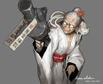  animal animal_on_shoulder cat cat_on_shoulder dated eyebrows glasses grenade_launcher grey_background grey_hair grin heterochromia hone_shoukan japanese_clothes kimono m32 manly multiple_tails obi old_woman opaque_glasses original partially_translated pentagram sash signature smile solo tail translation_request walking_stick weapon white_cat wrinkles 