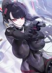  1girl black_bodysuit black_hair blue_archive bodysuit breasts covered_navel gun halo handgun highres large_breasts long_hair looking_at_viewer official_alternate_costume ponytail red_eyes rio_(blue_archive) rio_(bodysuit)_(blue_archive) solo weapon xiujia_yihuizi 