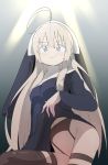  1girl absurdres ahoge black_legwear blonde_hair blue_eyes blush breasts bural_chingu eyebrows_visible_through_hair garter_straps grin habit hair_between_eyes highres long_hair looking_at_viewer no_panties nun park_noah robe smile solo thighhighs wweedpic 