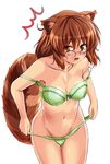  1girl animal_ears bare_shoulders blush bra breasts brown_eyes brown_hair collarbone futatsuiwa_mamizou glasses green_bra green_panties groin highres honda_takaharu large_breasts lifted_by_self looking_at_viewer navel no_pants no_shirt off_shoulder open_mouth panties panty_lift panty_pull pince-nez pulled_by_self raccoon_ears raccoon_tail simple_background solo strap_slip surprised sweatdrop tail tanuki touhou underwear underwear_only undressing white_background 