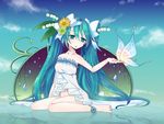  bad_id bad_pixiv_id bottomless bow colorized ef_(galboumai) flower green_eyes green_hair hair_bow hair_flower hair_ornament hatsune_miku lily_of_the_valley long_hair mikoko_(mg2) reflection sitting solo very_long_hair vocaloid wariza 