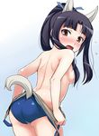  animal_ears back black_hair blush breasts brown_eyes hair_over_breasts hair_ribbon hattori_shizuka hi-ho- long_hair looking_at_viewer one-piece_swimsuit open_mouth ponytail ribbon school_swimsuit shiny shiny_skin small_breasts solo strike_witches swimsuit tail undressing world_witches_series 
