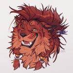  1boy animal_ears animal_nose artist_name bearlyfeline earrings english_commentary fangs final_fantasy final_fantasy_vii furry furry_male highres jewelry looking_to_the_side male_focus mane one_eye_closed open_mouth red_fur red_hair red_xiii smile upper_body 