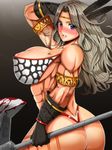  abs amazon_(dragon's_crown) areola_slip areolae ass axe bad_id bad_pixiv_id bare_shoulders blonde_hair blood blush breasts dragon's_crown feathers gloves huge_breasts inu_(marukome) long_hair muscle muscular_female polearm solo weapon 