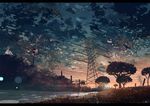  cloud flower half_moon highres kein_tan lens_flare long_hair moon original river scenery sitting sky solo star_(sky) starry_sky sunset transmission_tower tree water 