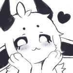 3_fingers ambiguous_species black_horn black_sclera blush circle_eyebrows eyebrows feral fingers fur glowing glowing_eyes hand_on_face heart_symbol horn hybrid long_ears male owo shuiye_(shuiyee) shuiyee simple_background smile solo white_body white_eyes white_fur