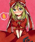  between_legs blush embarrassed frills front_ponytail green_eyes green_hair hair_ribbon hand_between_legs kagiyama_hina ribbon solo sweatdrop tamagogayu1998 touhou 