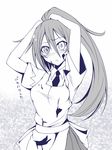  apron arms_up blush breasts heterochromia long_hair looking_at_viewer medium_breasts monochrome original ponytail rebecca_arcane solo suterii very_long_hair 