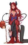  1girl all_fours bare_shoulders blush braid breasts cleavage crossed_legs demon_tail detached_collar folth horns human_chair human_furniture lock medium_breasts owner_(summon_night) red_eyes red_hair sitting sitting_on_person smile summon_night summon_night_5 tail yanagida_fumita 