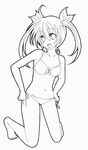  bikini breasts highres lineart long_hair looking_at_viewer medium_breasts monochrome open_mouth original shiropuni smile solo swimsuit twintails 