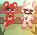 absurd_res anthro bat bear bench blush blush_lines bobby_bearhug brick_wall duo fangs female female/female fur grass hi_res jewelry looking_at_another mammal mob_entertainment necklace on_bench open_mouth outside paws pink_body pink_fur plant poppy_playtime rabie_baby_(poppy_playtime) red_body red_fur sitting sitting_on_bench smile smiling_critters smirk teeth teeth_showing tinky tongue wall_(structure) white_body white_fur wings