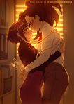  2girls artist_name audio_jack black_hair blush boku_no_hero_academia cherry_in_the_sun commentary couple english_commentary from_side hug indoors jiro_kyoka long_earlobes looking_at_another medium_hair multiple_girls ponytail shirt short_hair sunlight web_address white_shirt window_blinds yaoyorozu_momo yuri 