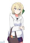  1girl absurdres bag black_skirt blonde_hair braid braided_bangs cowboy_shot hair_bun highres hood hooded_sweater kantai_collection looking_at_viewer one-hour_drawing_challenge perth_(kancolle) pleated_skirt purple_eyes robinson_(day_l_full) short_hair simple_background skirt solo sweater upper_body white_background white_sweater 