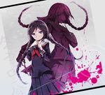  blood blood_splatter braid crazy_smile danganronpa danganronpa_1 dual_persona dual_wielding fukawa_touko genocider_shou glasses holding long_hair long_sleeves long_tongue looking_at_viewer neckerchief nyanya purple_eyes purple_hair school_uniform scissors serafuku spoilers tongue tongue_out twin_braids very_long_hair 