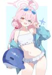  1girl bikini blue_archive blue_eyes cowboy_shot eyewear_on_head fang halo heterochromia highres hood hoodie hoshino_(blue_archive) hoshino_(swimsuit)_(blue_archive) inflatable_toy long_hair looking_at_viewer nqku official_alternate_costume open_mouth pink_hair smile solo sunglasses swimsuit uwu v white_bikini yellow_eyes 