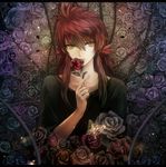  bug butterfly flower holding holding_flower insect kurama long_hair looking_at_viewer male_focus ouri red_flower red_hair red_rose rose solo thorns yellow_eyes yuu_yuu_hakusho 
