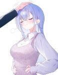  1boy 1girl blush breasts closed_eyes commentary_request doyagao dress hands_on_own_hips headpat hetero highres idolmaster idolmaster_shiny_colors long_hair long_sleeves medium_breasts pinafore_dress pink_dress producer_(idolmaster) puff_of_air revision shirasato_(phzm8733) shirt simple_background sleeveless sleeveless_dress smile smug straight_hair suzuki_hana sweatdrop white_background white_shirt 