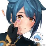  2boys black_gloves black_shirt blue_hair blush chongyun_(genshin_impact) closed_mouth earrings fingerless_gloves genshin_impact gloves hair_between_eyes jewelry male_focus mikanchii multiple_boys shirt short_hair sticker_on_face tassel tassel_earrings xingqiu_(genshin_impact) yellow_eyes 