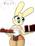 amy_hope_(guak) anthro beverage big_breasts blue_eyes blush breasts burger cleavage clothed clothing costume curvy_figure eyelashes female fluffy fluffy_tail food fries fur guak hi_res hooters hooters_uniform lagomorph leporid long_ears mammal musical_note musical_symbol pouch_(clothing) rabbit serving_tray shirt smile solo speech_bubble symbol tail tank_top thick_thighs topwear waiter wide_hips yellow_body yellow_fur