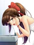  adjusting_hair bangs bare_arms bare_shoulders blunt_bangs blush bow bracelet breasts brown_eyes brown_hair dress drinking drinking_fountain frilled_dress frills hair_bow hair_tucking highres jewelry leaning_forward long_hair looking_at_viewer looking_to_the_side misakamitoko0903 nape open_mouth original ponytail red_bow shiny shiny_hair sidelocks simple_background sleeveless sleeveless_dress small_breasts solo sundress water white_background white_dress 
