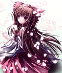  bad_id bad_pixiv_id bare_shoulders brown_hair detached_sleeves hair_ribbon hairband hakurei_reimu highres long_hair missile228 petals red_eyes ribbon solo touhou very_long_hair 