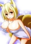  animal_ears blonde_hair bow breasts fox_ears hand_on_own_chest hands huge_breasts looking_at_viewer merry_(diameri) open_mouth short_hair solo tail touhou towel yakumo_ran yellow_eyes 