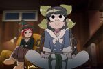  2girls bell black_hair black_hat black_jacket blue_shirt blurry blurry_background boots bow brown_boots bryan_lee_o&#039;malley_(style) chabashira_tenko chair closed_mouth collar collared_jacket collared_shirt commentary crossed_arms crossed_legs danganronpa_(series) danganronpa_v3:_killing_harmony english_commentary eyelashes fingernails green_ribbon hair_ribbon hairband hands_on_own_legs hat highres indoors jacket long_hair long_sleeves mole mole_under_mouth multiple_girls neck_bell purple_collar purple_hairband radiator red_hair ribbon scene_reference scott_pilgrim scott_pilgrim_(series) scott_pilgrim_takes_off shirt short_hair signature sitting smile spittyfishy twintails wallace_wells white_bow white_shirt window witch_hat yumeno_himiko 