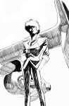  1boy absurdres aircraft airship closed_mouth cowboy_bebop greyscale highres looking_at_viewer male_focus monochrome nakamura_yutaka necktie solo spike_spiegel suit 