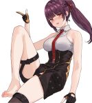  1girl collared_shirt girls&#039;_frontline girls&#039;_frontline_2:_exilium gloves highres looking_at_viewer makiatto_(girls&#039;_frontline_2) necktie plunplun purple_hair red_eyes red_necktie shirt side_ponytail sitting sleeveless sleeveless_shirt solo wa2000_(girls&#039;_frontline) white_shirt 