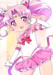  1girl :d arm_at_side bishoujo_senshi_sailor_moon bow chibi_usa choker double_bun earrings elbow_gloves eternal_sailor_chibi_moon gloves hair_bun hair_ornament hand_up highres himehachi_(hime8manga) jewelry leotard lone_nape_hair pink_bow pink_choker pink_eyes pink_hair pink_sailor_collar pink_shirt puffy_short_sleeves puffy_sleeves red_bow ribbon sailor_chibi_moon sailor_collar shirt short_hair short_sleeves signature smile solo standing star_(symbol) star_earrings teeth upper_teeth_only white_leotard 