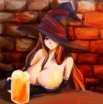  bare_shoulders blue_eyes breasts brown_hair cleavage cup dragon's_crown elbow_gloves gloves hat hat_over_one_eye huge_breasts long_hair mug oshugu solo sorceress_(dragon's_crown) table witch_hat 