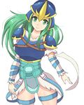  armor blue_armor fire_emblem fire_emblem:_akatsuki_no_megami green_eyes green_hair helmet himuyoshiki long_hair looking_at_viewer nephenee pauldrons simple_background smile solo thighs white_background 