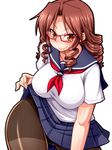  breasts brown_eyes brown_hair curvy drill_hair glasses large_breasts long_hair nokoppa original pantyhose red-framed_eyewear school_uniform serafuku skirt skirt_lift smile solo thighs 