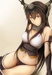  breasts brown_hair elbow_gloves gloves hair_ornament hairband headgear kantai_collection large_breasts long_hair nagato_(kantai_collection) nannacy7 navel red_eyes solo thighhighs 