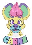 2025 aliasing alpha_channel ambiguous_form ambiguous_gender aseprite_(artwork) blep blue_text character_badge_(artwork) character_name digital_drawing_(artwork) digital_media_(artwork) dyyrlysh eyebrows eyelashes fangs flat_colors front_view fur green_inner_ear green_text hair headshot_portrait hi_res hyena looking_at_viewer mammal multicolored_text pink_hair pink_text pink_tongue portrait purple_eyebrows purple_eyes purple_nose purple_text short_hair simple_background smile solo spotted_hyena star_pupils teeth text tongue tongue_out transparent_background yellow_body yellow_fur yellow_text