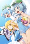  &gt;_&lt; blonde_hair blue_eyes blue_hair bow braid cirno closed_eyes cloud day dolphin hair_bobbles hair_bow hair_ornament hat highres kappa kawashiro_nitori kei_jiei key kirisame_marisa long_hair multiple_girls one-piece_swimsuit one_eye_closed open_mouth school_swimsuit short_hair sky smile sparkle swimsuit touhou two_side_up wings witch_hat yellow_eyes 