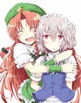  braid chata_maru_(irori_sabou) hair_ribbon hat hong_meiling hug hug_from_behind izayoi_sakuya jitome long_hair maid_headdress multiple_girls red_eyes red_hair ribbon short_hair silver_hair smile touhou twin_braids wristband yuri 