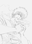  1boy absurdres cigarette cowboy_bebop greyscale highres male_focus monochrome nakamura_yutaka simple_background smoking solo spike_spiegel white_background 