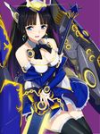  bare_shoulders black_hair blue_eyes blush breasts cleavage detached_sleeves dress earrings fumiake_manami glowing glowing_weapon jewelry junketsu_duelion long_hair looking_at_viewer mecha_musume medium_breasts official_art purple_background simple_background skirt smile solo sword thighhighs weapon yangsion 