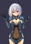  absurdres armor black_background blue_eyes bodysuit breasts cleavage covered_navel cowboy_shot date_a_live gesture grey_hair highres leotard looking_at_viewer medium_breasts see-through sexually_suggestive shoulder_pads simple_background tobiichi_origami zxhautumn 