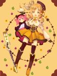  :d beret blonde_hair boots charlotte_(madoka_magica) cup drill_hair fingerless_gloves gloves gun hat long_hair looking_at_viewer magical_musket mahou_shoujo_madoka_magica open_mouth plate shimotsuki_(ichiruki) skirt smile striped striped_legwear teacup thighhighs tomoe_mami twin_drills twintails weapon yellow_eyes 